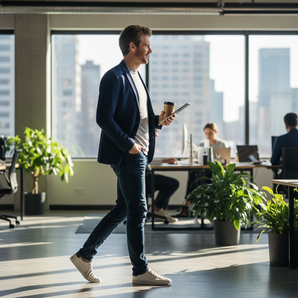 Un homme en tenue décontractée chic marche dans un bureau lumineux avec une tablette et un café à la main.