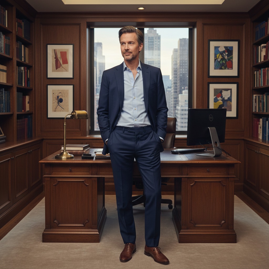 Un homme d'affaires en costume bleu se tient debout devant un bureau moderne  avec vue sur les gratte-ciels.