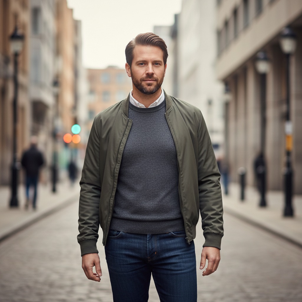 Un homme barbu portant une veste verte et un pull gris se tient debout au milieu d'une rue pavée en ville.